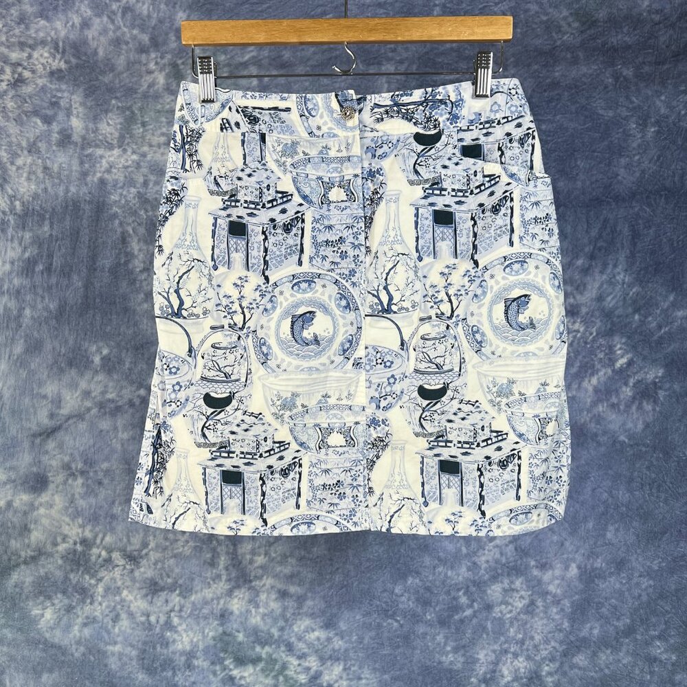 Etcetera Blue & White Asian Motif Skirt Sz 8